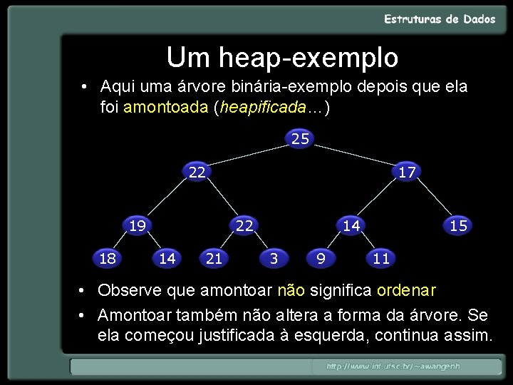 Um heap-exemplo • Aqui uma árvore binária-exemplo depois que ela foi amontoada (heapificada…) 25