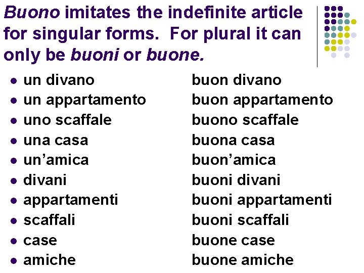 Buono imitates the indefinite article for singular forms. For plural it can only be