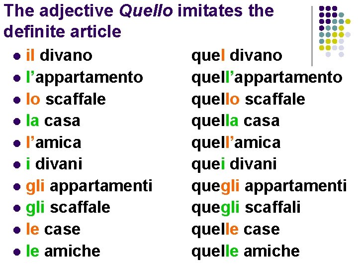 The adjective Quello imitates the definite article il divano l l’appartamento l lo scaffale