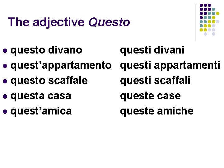 The adjective Questo questo divano l quest’appartamento l questo scaffale l questa casa l