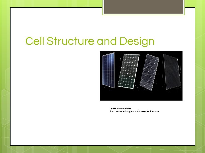 Cell Structure and Design Types of Solar Panel http: //www. c-changes. com/types-of-solar-panel 