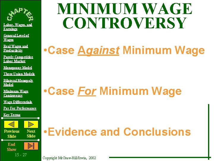 Labor, Wages, and Earnings MINIMUM WAGE CONTROVERSY General Level of Wages Real Wages and