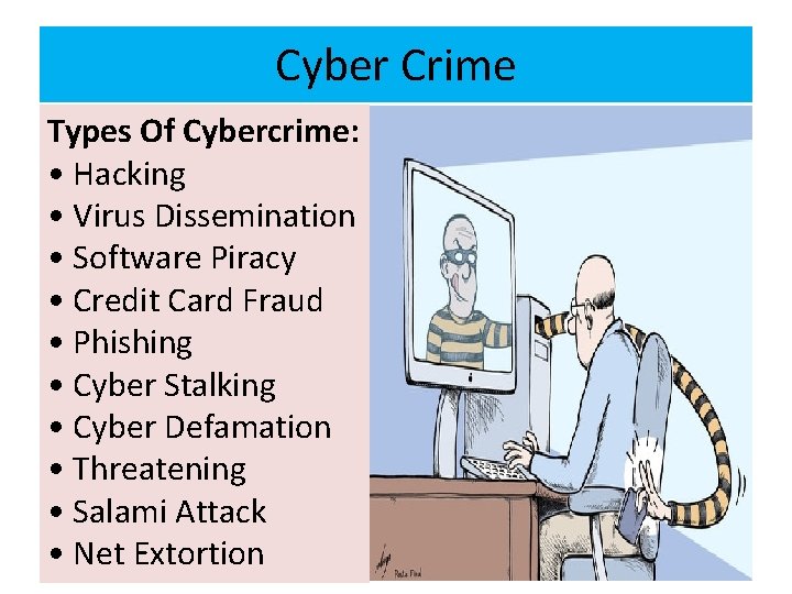 Cyber Crime Types Of Cybercrime: • Hacking • Virus Dissemination • Software Piracy •