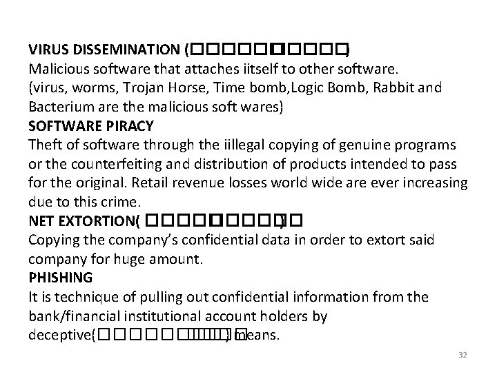 VIRUS DISSEMINATION (������) Malicious software that attaches iitself to other software. (virus, worms, Trojan