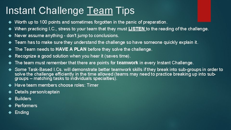 Instant Challenge Team Tips Worth up to 100 points and sometimes forgotten in the