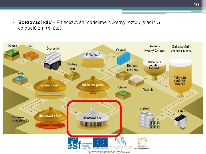 10 • Scezovací káď - Při scezování oddělíme cukerný roztok (sladinu) od obalů zrn