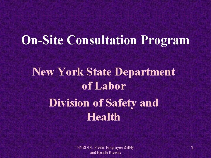 On-Site Consultation Program New York State Department of Labor Division of Safety and Health