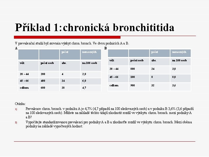 Příklad 1: chronická bronchititida V prevalenční studii byl srovnán výskyt chron. bronch. Ve dvou