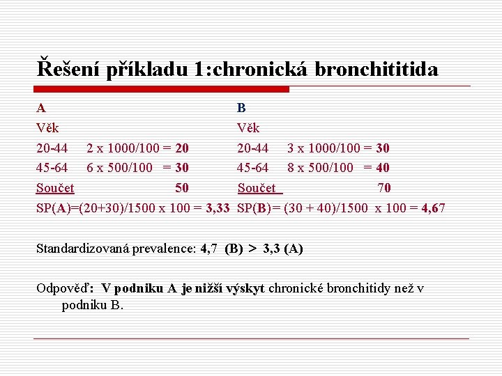 Řešení příkladu 1: chronická bronchititida A Věk 20 -44 2 x 1000/100 = 20