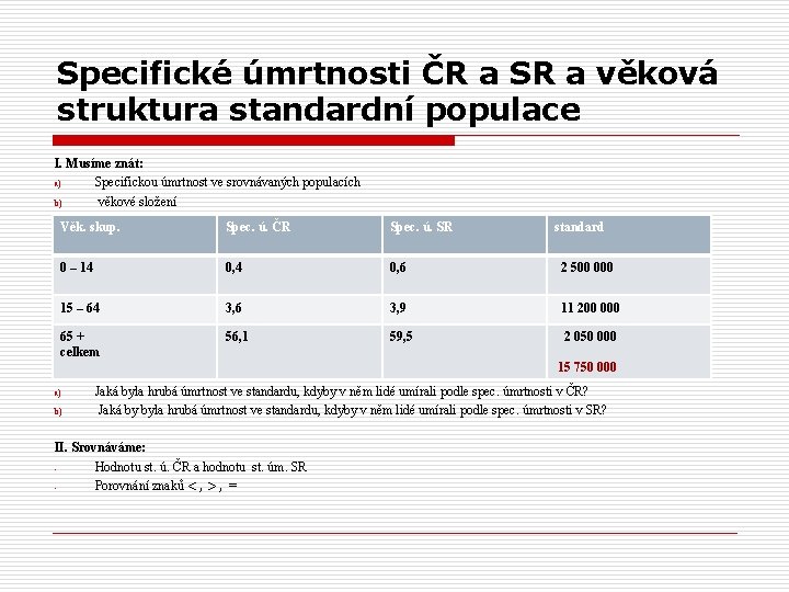 Specifické úmrtnosti ČR a SR a věková struktura standardní populace I. Musíme znát: a)