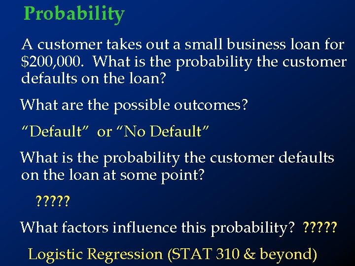 Probability A customer takes out a small business loan for $200, 000. What is