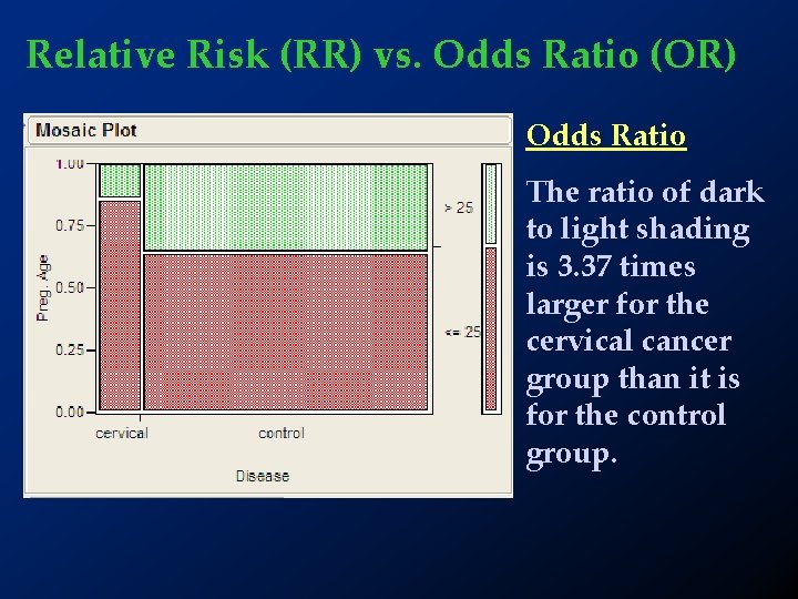 Relative Risk (RR) vs. Odds Ratio (OR) Odds Ratio The ratio of dark to