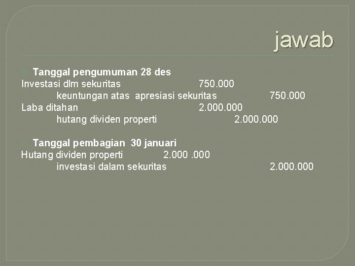 jawab Tanggal pengumuman 28 des Investasi dlm sekuritas 750. 000 keuntungan atas apresiasi sekuritas