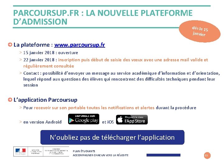 PARCOURSUP. FR : LA NOUVELLE PLATEFORME D’ADMISSION d ès le 15 janvier La plateforme