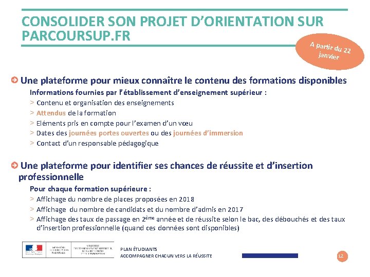 CONSOLIDER SON PROJET D’ORIENTATION SUR PARCOURSUP. FR A pa rtir du 2 2 janvier