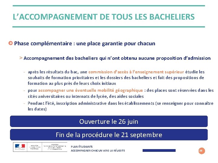 L’ACCOMPAGNEMENT DE TOUS LES BACHELIERS Phase complémentaire : une place garantie pour chacun >