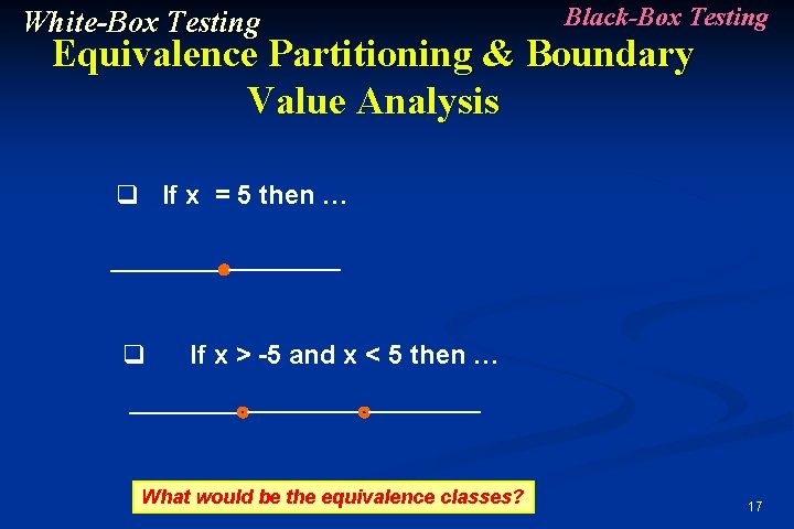 White-Box Testing Black-Box Testing Equivalence Partitioning & Boundary Value Analysis q If x =