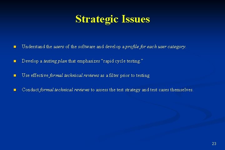 Strategic Issues n Understand the users of the software and develop a profile for
