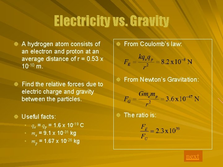 Electricity vs. Gravity ] A hydrogen atom consists of ] From Coulomb’s law: an