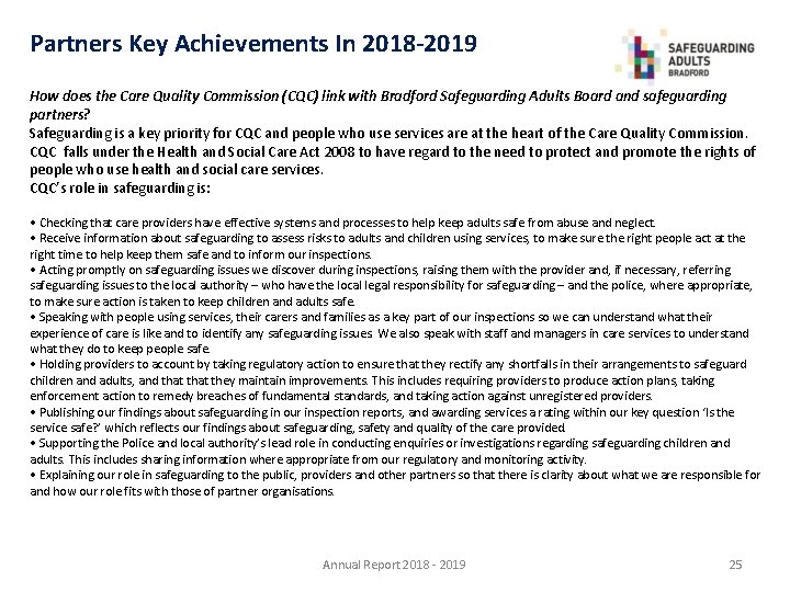 Partners Key Achievements In 2018 -2019 How does the Care Quality Commission (CQC) link