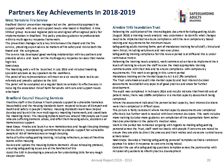 Partners Key Achievements In 2018 -2019 West Yorkshire Fire Service Bradford District prevention manager