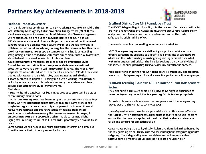 Partners Key Achievements In 2018 -2019 National Probation Service Bradford District Care NHS Foundation
