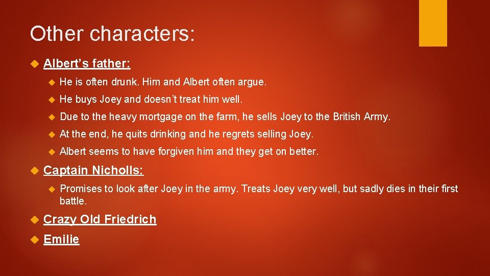 Other characters: Albert’s father: He is often drunk. Him and Albert often argue. He