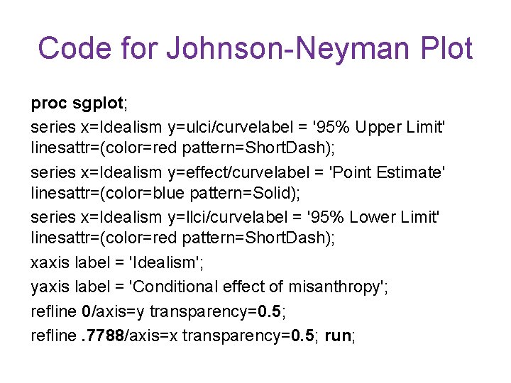 Code for Johnson-Neyman Plot proc sgplot; series x=Idealism y=ulci/curvelabel = '95% Upper Limit' linesattr=(color=red