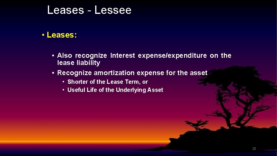 Leases - Lessee • Leases: • Also recognize Interest expense/expenditure on the lease liability