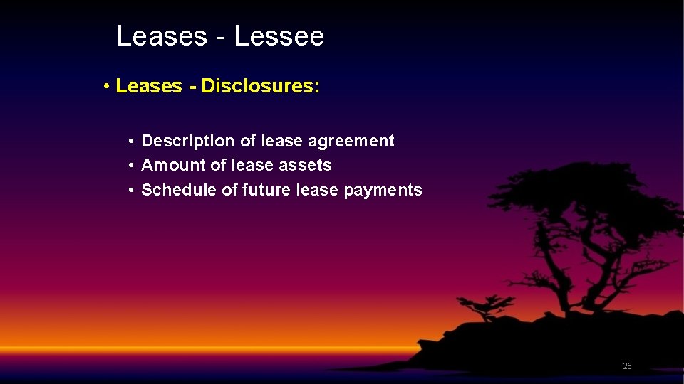 Leases - Lessee • Leases - Disclosures: • Description of lease agreement • Amount