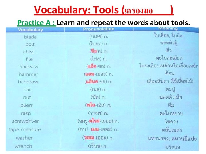 Vocabulary: Tools (เครองมอ ) Practice A : Learn and repeat the words about tools.