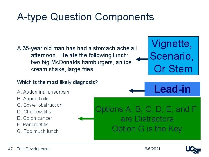 A-type Question Components A 35 -year old man has had a stomach ache all