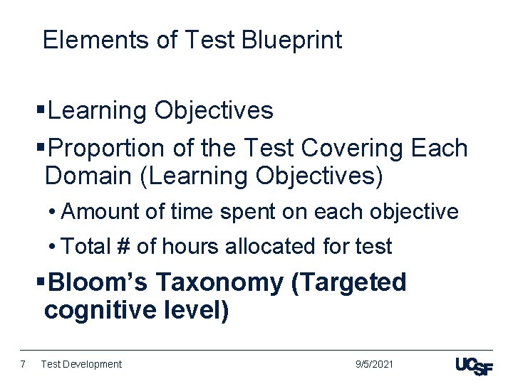 Elements of Test Blueprint §Learning Objectives §Proportion of the Test Covering Each Domain (Learning