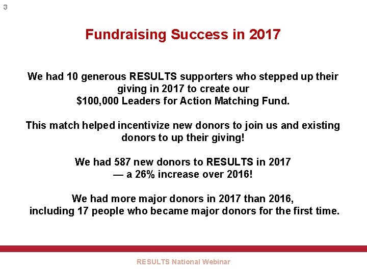3 Fundraising Success in 2017 We had 10 generous RESULTS supporters who stepped up