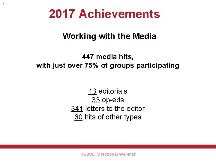 7 2017 Achievements Working with the Media 447 media hits, with just over 75%