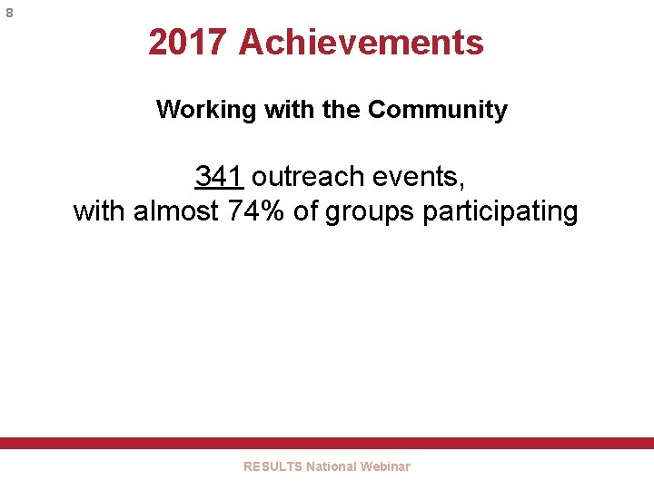 8 2017 Achievements Working with the Community 341 outreach events, with almost 74% of