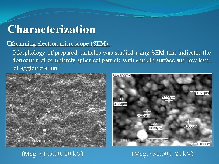 Characterization q. Scanning electron microscope (SEM): Morphology of prepared particles was studied using SEM