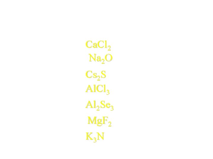 Try a few formulas: • • Ca+2 + Cl-1 Na+1 + O-2 Cs+1 +