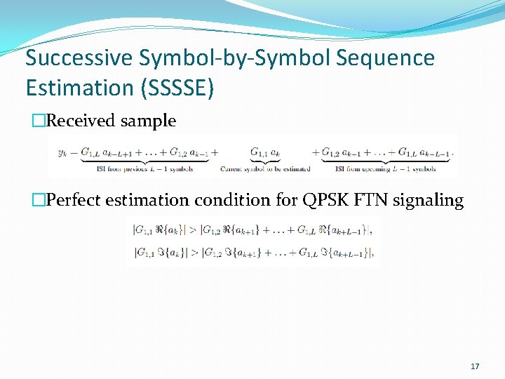 Successive Symbol-by-Symbol Sequence Estimation (SSSSE) �Received sample �Perfect estimation condition for QPSK FTN signaling