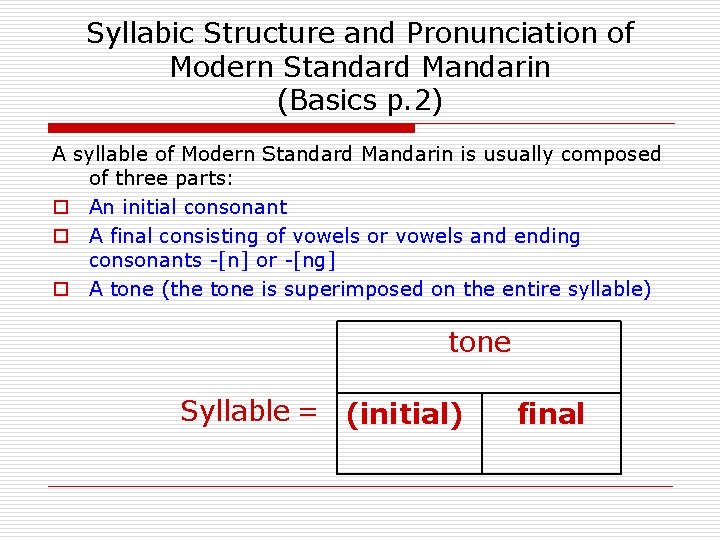 Syllabic Structure and Pronunciation of Modern Standard Mandarin (Basics p. 2) A syllable of