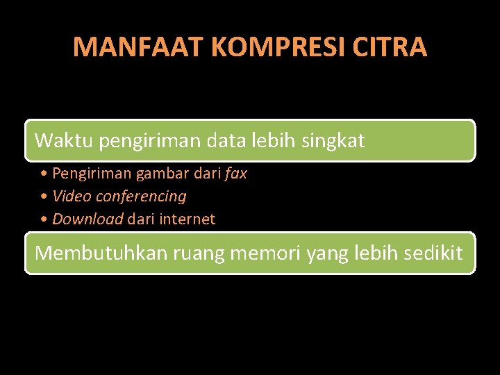 MANFAAT KOMPRESI CITRA Waktu pengiriman data lebih singkat • Pengiriman gambar dari fax •