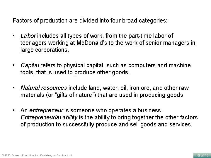 Factors of production are divided into four broad categories: • Labor includes all types