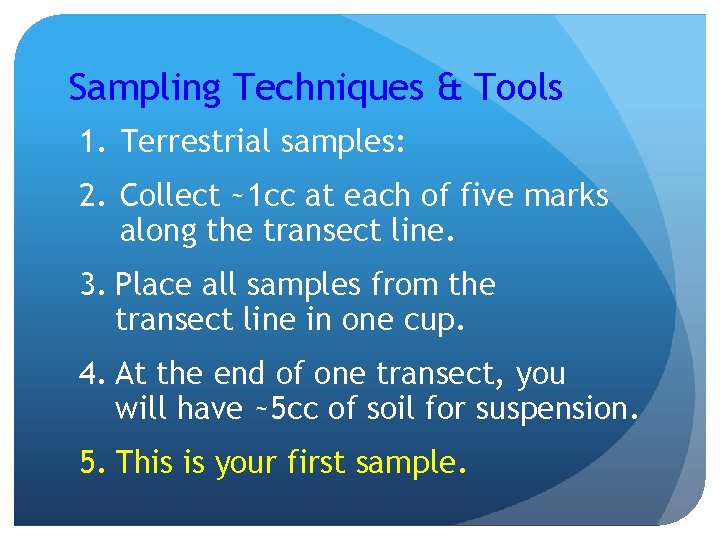 Sampling Techniques & Tools 1. Terrestrial samples: 2. Collect ~1 cc at each of
