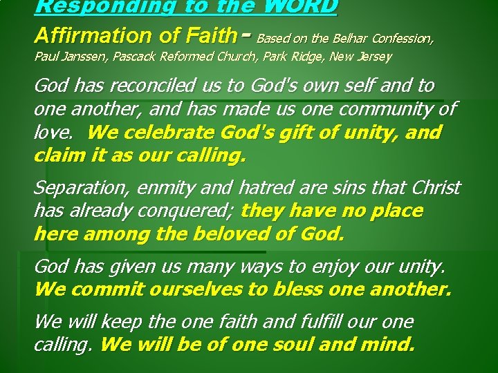 Responding to the WORD Affirmation of Faith- Based on the Belhar Confession, Paul Janssen,