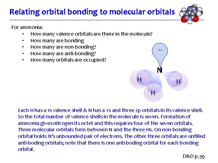 Relating orbital bonding to molecular orbitals For ammonia: • How many valence orbitals are