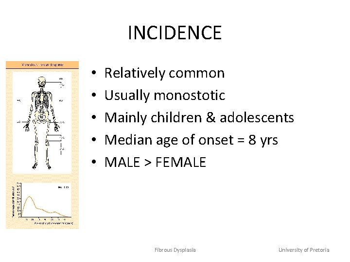 INCIDENCE • • • Relatively common Usually monostotic Mainly children & adolescents Median age