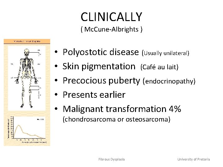 CLINICALLY ( Mc. Cune-Albrights ) • • • Polyostotic disease (Usually unilateral) Skin pigmentation