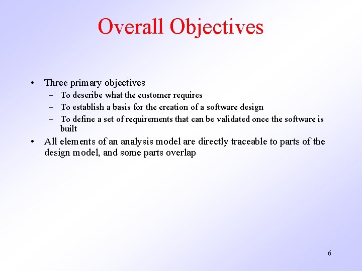 Overall Objectives • Three primary objectives – To describe what the customer requires –