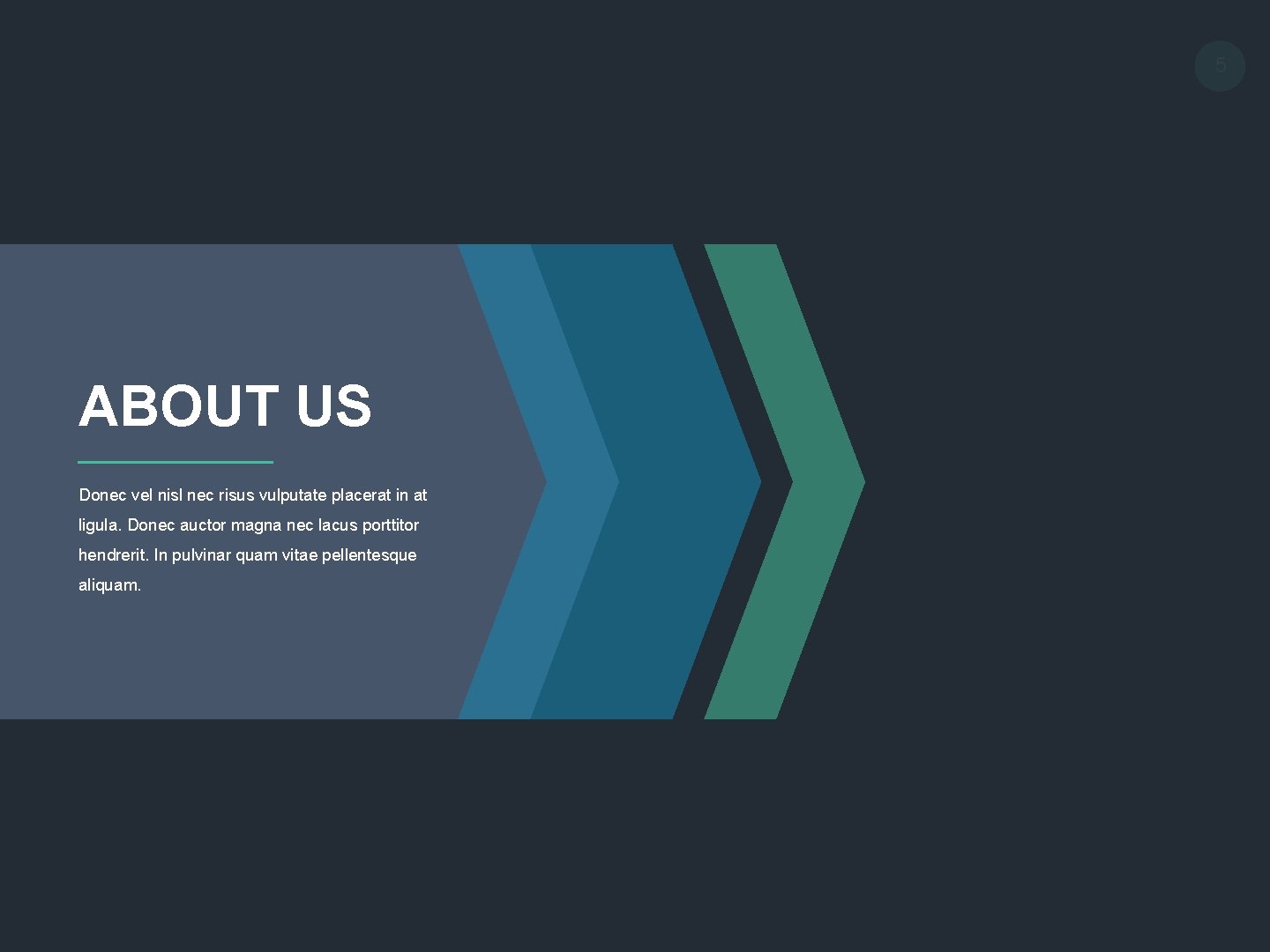 5 ABOUT US Donec vel nisl nec risus vulputate placerat in at ligula. Donec