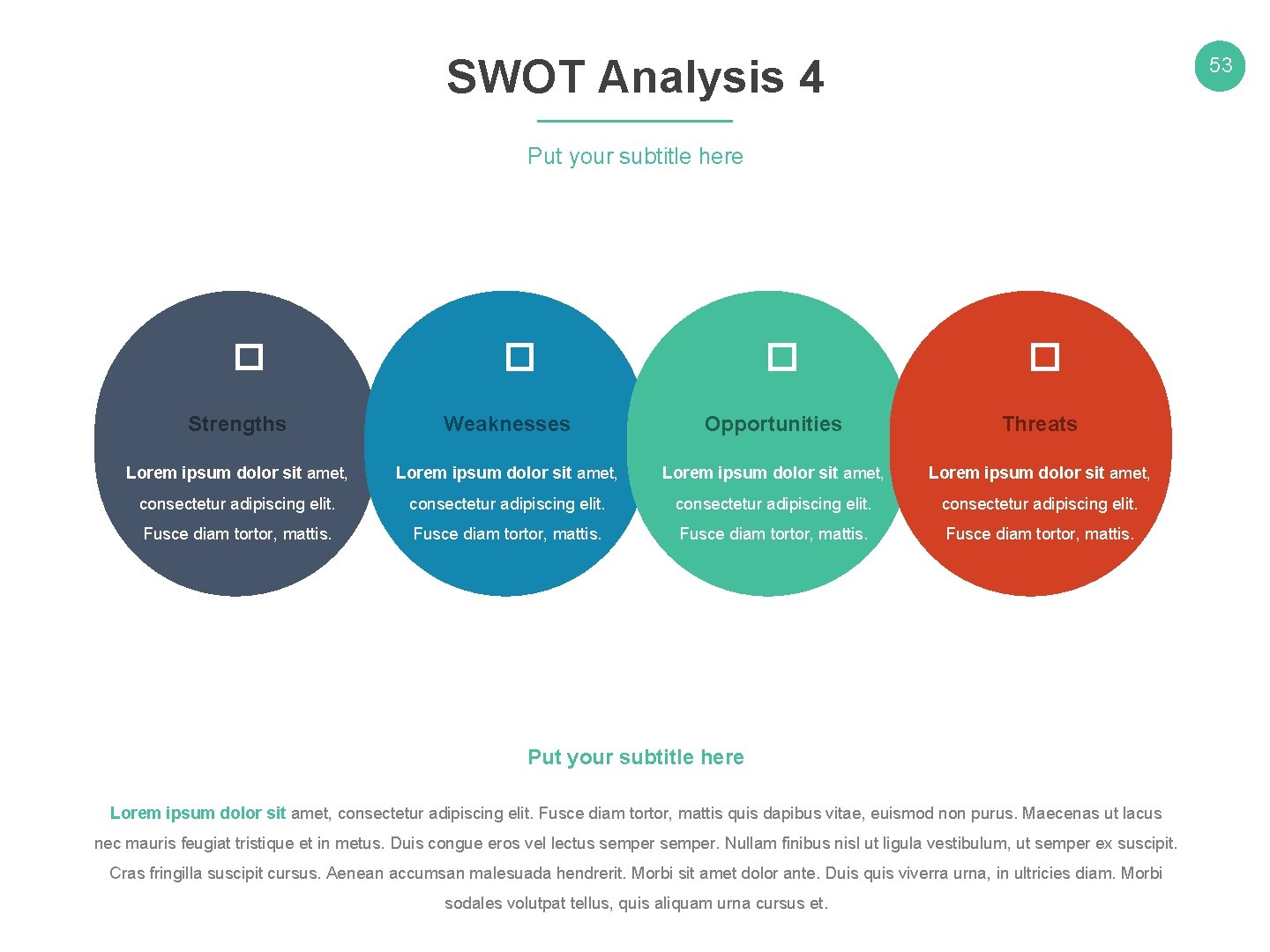 SWOT Analysis 4 53 Put your subtitle here � � Strengths Weaknesses Opportunities Threats